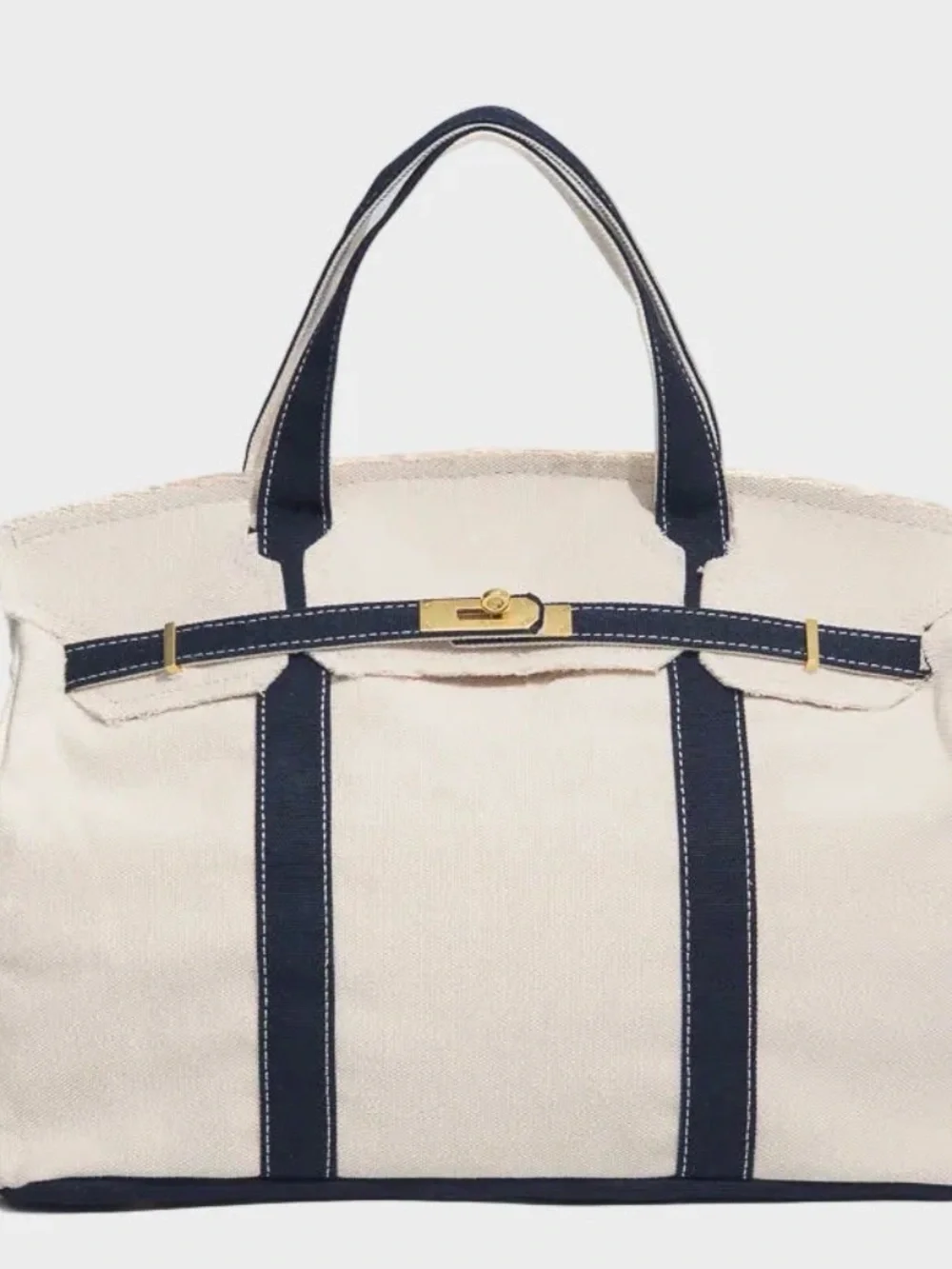 Canvas Tote with Navy Trim and Gold Hardware NWOT